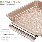 HONGBAKE Nonstick Baking Sheet Pan Set of 3, Cookie Sheets for Oven, Non-Toxic Half/Quarter/Jelly Roll Pans with Floral Swirl Texture, Heavy Duty 0.8mm Thick Oven Trays for Cooking, Champagne Gold