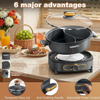Dezin Hot Pot Electric with Divider, 6L Double-Flavor Shabu Shabu Pot, Dual Sided Removable Non-Stick Hotpot Pot Electric, 3" Depth Chinese Hot Pot with Multi-Power Control, 2 Silicone Ladles Included