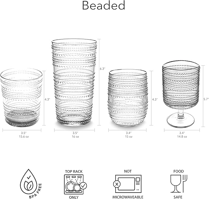 Beaded 15.6 oz Durable Acrylic Double Old Fashioned Drinking Glasses, Shatter-Resistant and Dishwasher-Safe Indoor/Outdoor Drinkware for Scotch, Bourbon, Cocktails - Clear - Set of 6