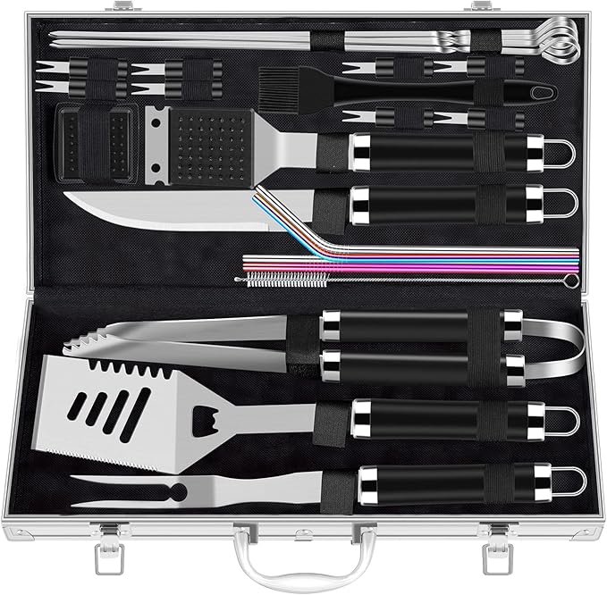 ROMANTICIST 25pcs Extra Thick BBQ Grill Accessories, Christmas Grilling Gifts Set for Men Dad, Heavy Duty Grill Tools Utensils Kit with Spatula, Tongs in Aluminum Case for Birthday Black