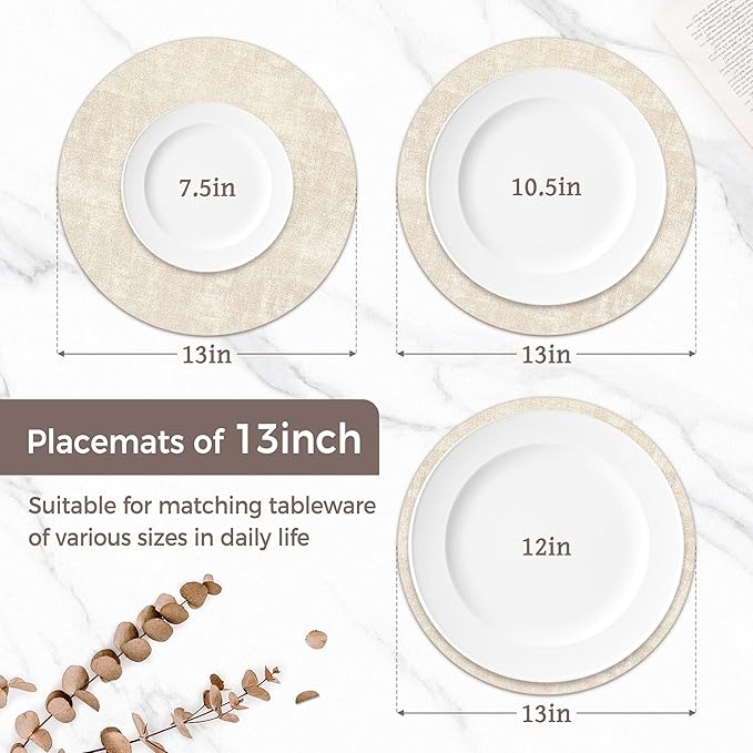 13" Round Placemats Set of 8, Reversible Faux Leather Heat Resistant Table Mats, 100% Waterproof Oilproof Wipeable Table Protective Placemats for Vinyl, Washable for Indoor & Outdoor Use (8, Beige)