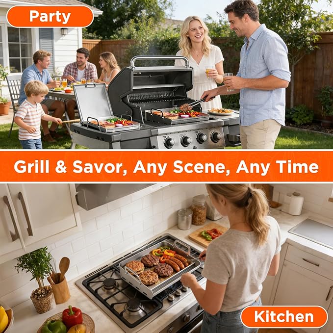 23" x 16" Stainless Steel Flat Top Griddle for Gas & Charcoal Grills, Universal Design for Outdoor & Home Cooking, with Grease Groove & Removable Handle, Ideal for Tailgating & Backyard Parties