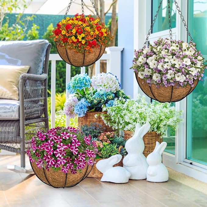 ZeeDix 2 Pack 14 Inch Metal Outdoor Hanging Baskets & Planters for Plants - Heavy Duty Round Garden Planters with Coconut Liners for Flowers, Vegetables