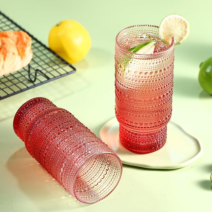 Large Capacity 16 oz Hobnail Drinking Glasses Set of 6, Vintage Glassware Drinking Glasses, Gradual Red Water Glasses Tumbler, Christmas Gifts for Women