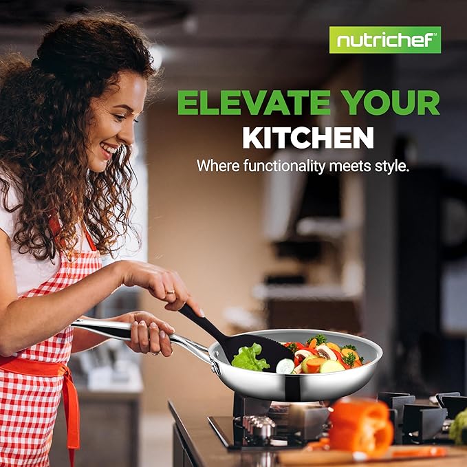 NutriChef Kitchenware Pots & Pans Set - 12 Piece, Clad Kitchen Cookware Set w/Steel Handles, Fry Pan Interior Coated w/ Ceramic Non-Stick Coating, Stylish Kitchen Cookware - NCSSX45