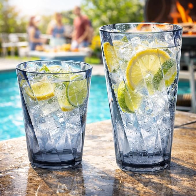 LemonRoad 24 Pack Reusable Plastic Drinking Glasses Set - 20oz & 13.5oz Stackable Tumbler, Shatter-resistant Highball Cups for Water, Cocktail, Iced Coffee, Indoor Outdoor Use, BBQ, Patio, Pool (Grey)