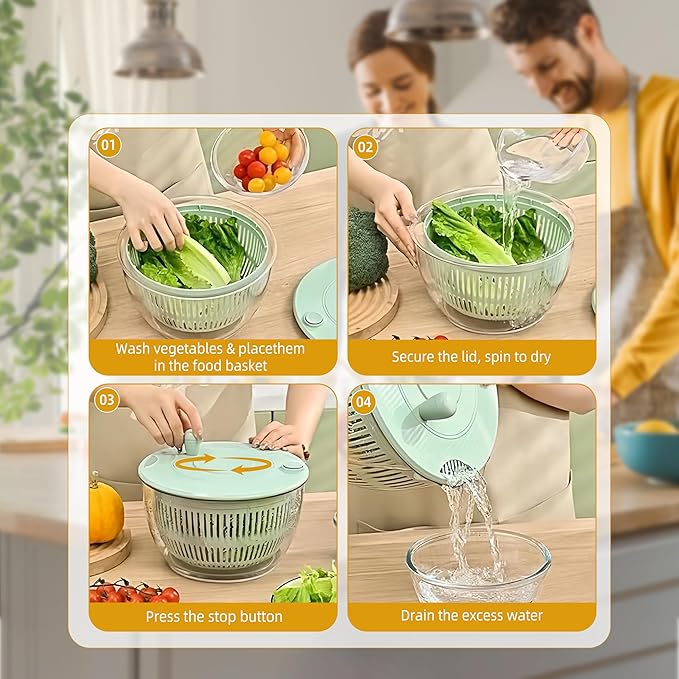 Large Capacity Green Salad Spinner, 4.24 Quart Lettuce Spinner with Dual Drainage, Efficient Salad Dryer for Quick Washing, Spinning & Draining Greens, Fruits, Veggies-with Shredding Blade