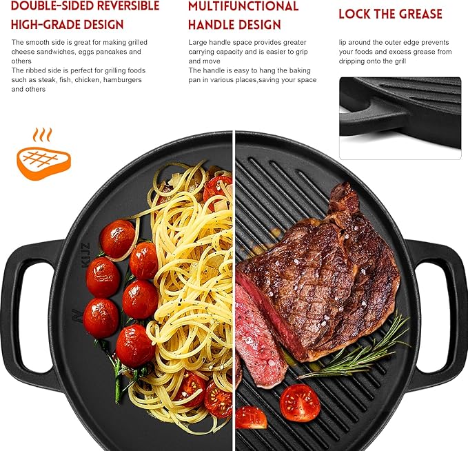 GGC Cast Iron Reversible Griddle, 12 inch Griddle Pan for Stove Tops, Gas Grills and Outdoor Cooking, Double-sided Griddle Plate with Baking Flat and Ribbed