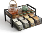 Tea Bag Organizer, Tea Bag Holder with Drawer, Wood and Metal Tea Organizers and Storage Chest for Countertop Kitchen, Office, Rustic Brown