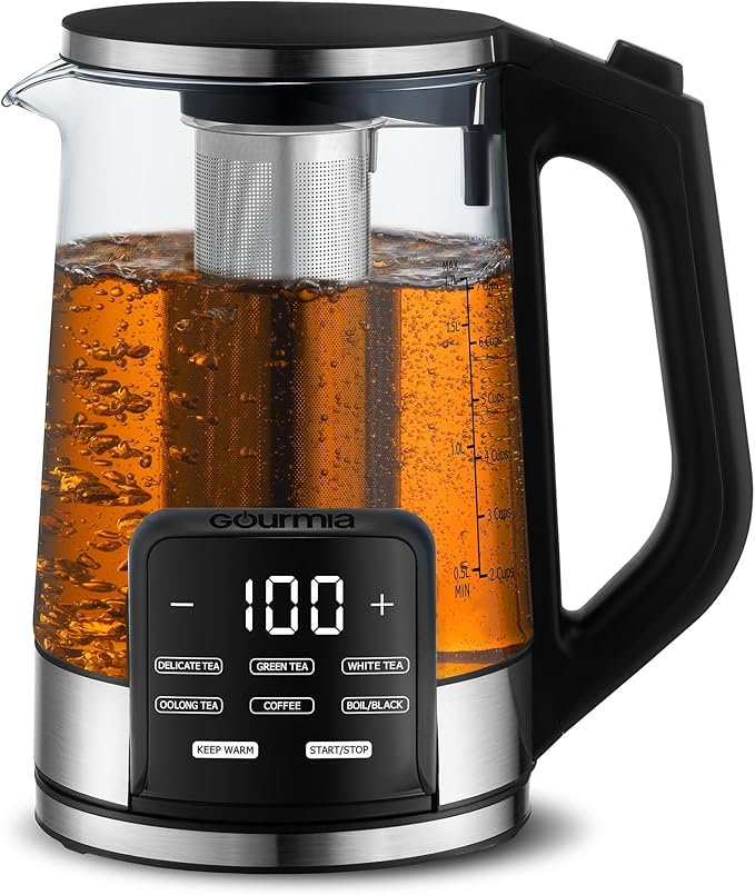 Gourmia Electric Glass Kettle – 1.7L Programmable Tea & Coffee Brewer with Digital Touch Display, 6 Presets, Removable Stainless Steel Infuser, Cordless with 360° Swivel Base, Black