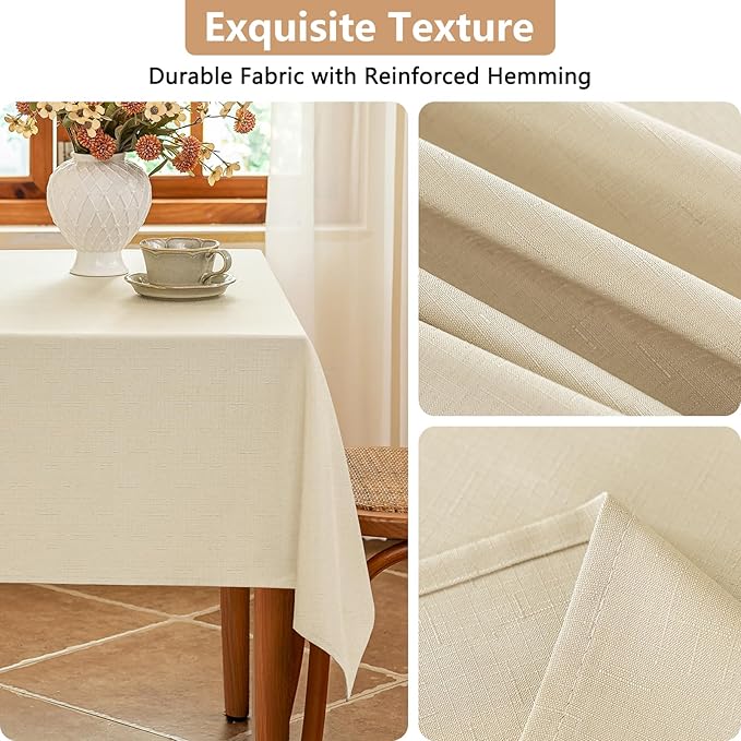 Fabric 54 x 54 Inch Square Table Cloth, Faux Linen Textured Water Resistant & Wipeable Card Tablecloth, Reusable for Dinning Kitchen Patio, Beige