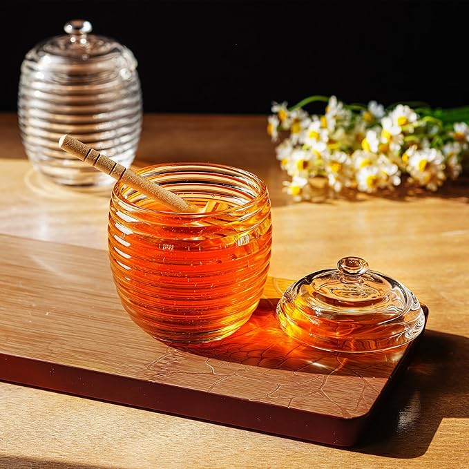 kanpura 9oz Glass Honey Dispenser, Glass Honey Jar with Dipper,Clear Crystal Honey Pot for Christams Home Kitchen Decor,Store Honey and Syrup,Easy to Clean