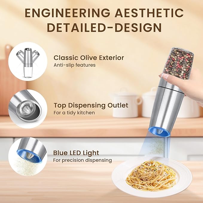Gravity Electric Salt And Pepper Grinder Set, Automatic Salt And Pepper Grinder Set, Battery Powered (6 AAA Batteries Each), Adjustable Roughness, LED Light, 2 Pack, (Silver)