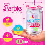 Dragon Glassware x Barbie The Movie - 16 oz Glass Cups with Lids and Straws, Set of 2 - Iced Coffee Cups with Lids - Versatile Glass Tumbler with Straw and Lid for Hot or Cold Drinks - Weird Barbie