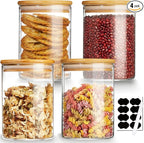 Mfacoy 4 Pack Glass Storage Jars with Airtight Bamboo Lid, 27 OZ Glass Canisters Set with Labels, Glass Food Storage Jar for Kitchen, Clear Container for Candy, Cookie, Coffee Beans, Snacks, Spices