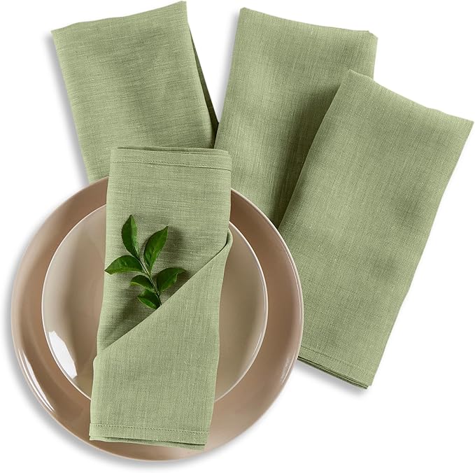 Solino Home Linen Cloth Napkins Set of 4-100% Pure Linen Chambray Olive Dinner Napkins 20 x 20 Inch for New Year - Athena, Handcrafted and Machine Washable