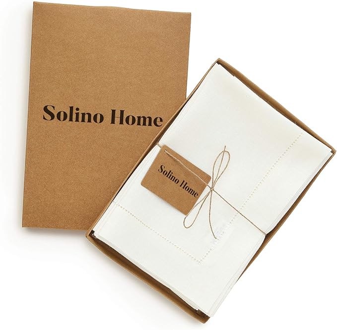 Solino Home Ivory Linen Napkins Set of 4-100% Pure Linen Hemstitch Dinner Napkins 20 x 20 Inch for Holiday, New Year - Classic Hemstitch
