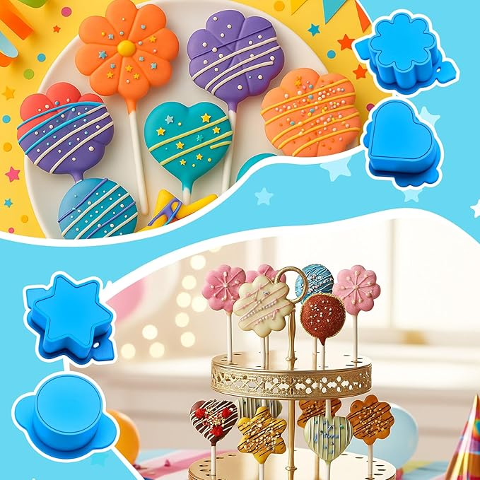 LemonRoad 4 Cake Pop Molds Sets with 100 Paper Sticks Cake Pop Cutter and Pusher 3D Printed Mold Shapes Press Star Heart Round Flower Baking Tools Kit for Birthday Wedding Party Desserts