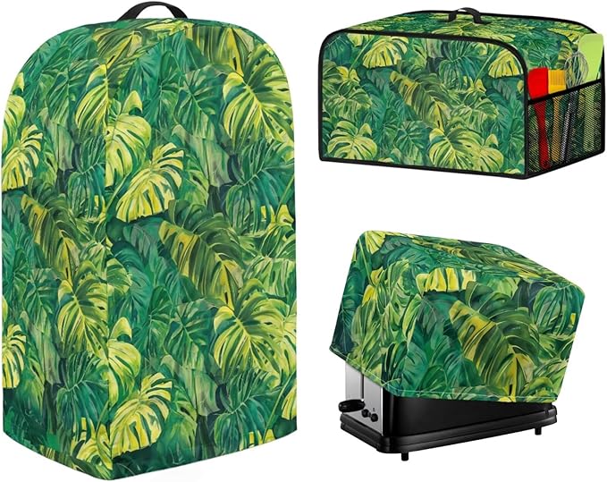 Monstera Leaves Small Appliance Covers 3 Pcs Set Waffles Maker Oven Dust & Blender Cover with Top Handle & Crock Pot Dust Cover Fingerprint Protection