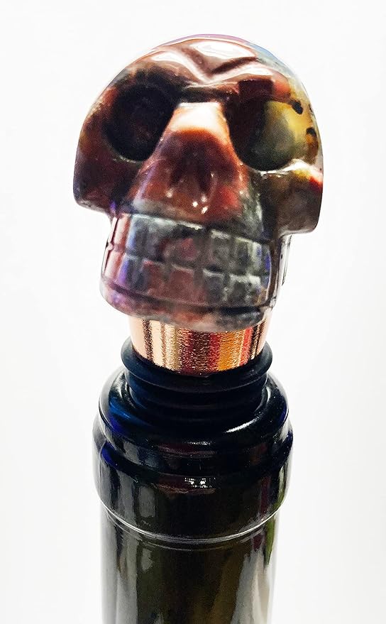 Mazeology’s Handcarved Gemstone Quality Bloodstone Carved SKULL Shaped Wine Bottle Stopper with Six Silicon Food Grade Rings and Rust-proof Aluminum to keep wine fresh.