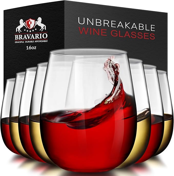 Bravario Unbreakable Stemless Plastic Wine Glasses | Reusable | Shatterproof 100% Tritan Plastic | Dishwasher-Safe | BPA-free | Awesome for Indoor & Outdoor | 16 oz, Set of 8