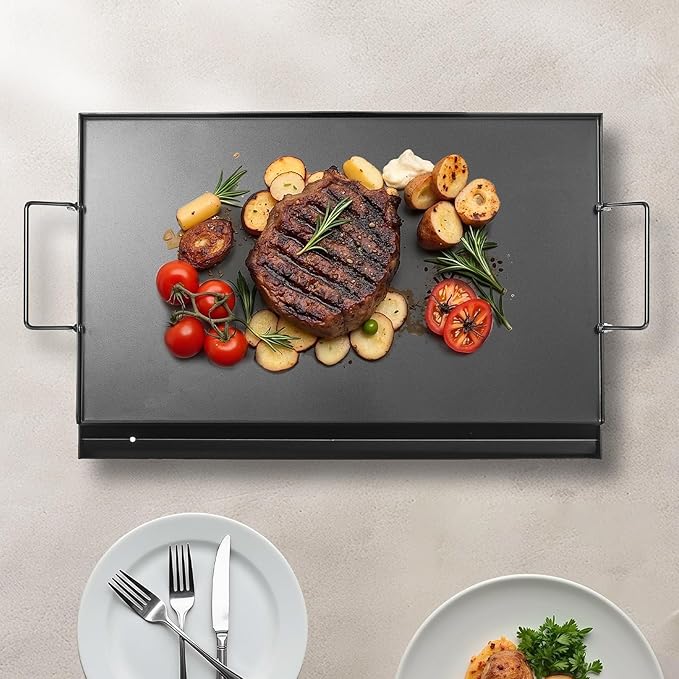 VEVOR Carbon Steel Griddle, Flat Top Plate, Griddle for BBQ Charcoal/Gas Gril with 2 Handles, Rectangular Flat Top Grill with Extra Drain Hole for Tailgating and Party
