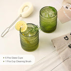 ZMOWIPDL Vintage Glassware Drinking Glasses Set of 6,12 oz Hobnail Glass Cups,Embossed Green Water Tumbler,for Beer,Cocktail,Whiskey,Juice and Various Mixed Drinks- 1 Cleaning Brush