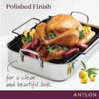 Anolon Triply Clad Stainless Steel Roaster / Roasting Pan with Rack - 17 Inch x 12.5 Inch, Silver