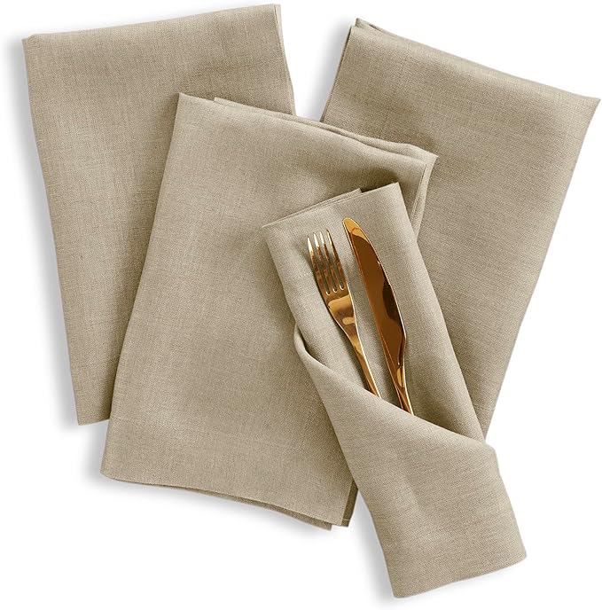 Solino Home Linen Napkins Set of 4-100% Pure Linen Vintage Khaki Dinner Napkins Cloth 20 x 20 Inch - Fete, Handcrafted and Machine Washable