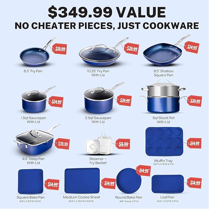 GRANITESTONE 20 Pc Kitchen Pots and Pans Set Non Stick Cookware Set, Kitchen Cookware Sets with Deep Frying Pan Set and Bakeware Set, Made Without PFOA and PFOS, Oven and Dishwasher Safe