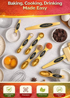 Magnetic Measuring Spoons Set with Strong N45 Magnets, Heavy Duty Stainless Steel Metal, Fits in Most Kitchen Spice Jars for Baking & Cooking, BPA Free, Multicolor, Set of 8 with Leveler(Gold)