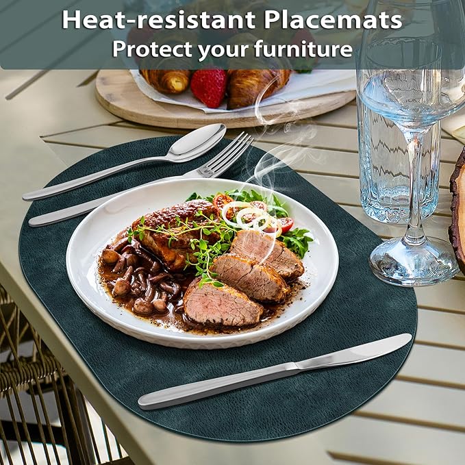 ADRIMER Placemats, Heat Resistant Oval Placemats Set of 6 Washable 12 x 17 Inch, Waterproof Table Mats, Wipeable Pu Place Mats for Kitchen, Dining Room, Dark Blue