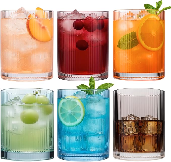 Physkoa Colored Drinking Glasses Set of 6 - Vintage Highball Glasses Colorful,Colorful Tumbler Glass for Cocktail,Juice,Mixed Drinks,Water,Holiday Party Supplies Gifts