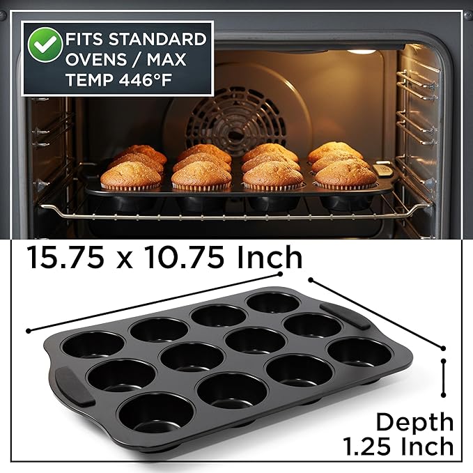 Wrenbury Nonstick Muffin Pan 12 Cup – Deep Cupcake Yorkshire Pudding Tin, PTFE & PFOA Free Carbon Steel, Warp Resistant Baking Tray for Even Bakes