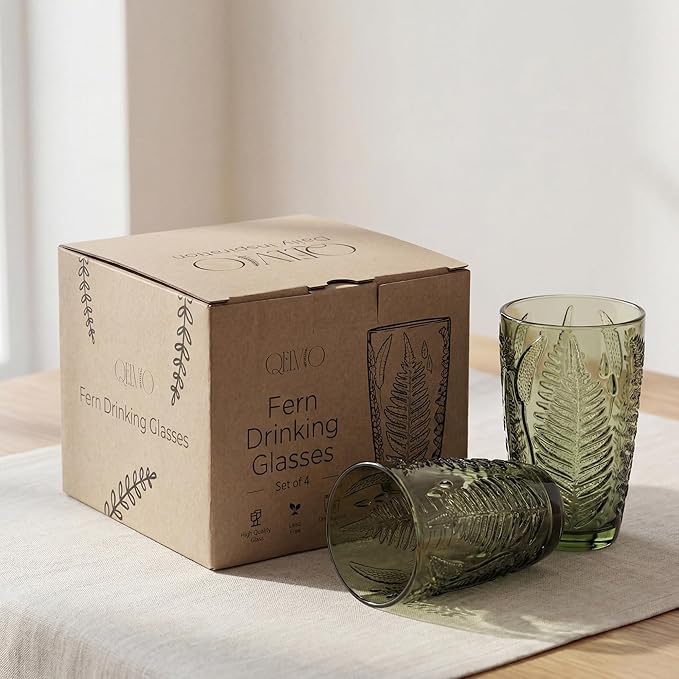Green Drinking Glasses Set of 4, 12 oz Hand-Pressed Vintage Drinking Glasses, Deep Textured Antique Glassware, Fern Embossed Highball Tumblers, Colored Boho Glass Cups, Retro Style Drinkware Gift Set