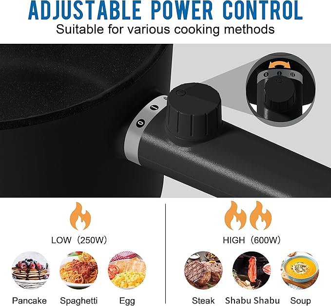 Topwit Hot Pot Electric with Steamer, 1.5L Ramen Cooker, Non-Stick Sauté Pan, Portable Cooking Pot, Electric Cooker with Dual Power Control, BPA Free, Over-Heating & Boil Dry Protection, Black