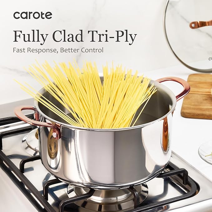 CAROTE 21pcs Tri-Ply Stainless Steel Cookware Set, Pots and Pans Set, Non Toxic Induction Kitchen Cooking Sets, Cookware Collection, Mirror Polish, Gold