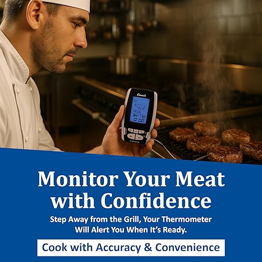 San Jamar Escali Plastic Wireless Thermometer & Timer, Custom Alerts, Stainless Steel Probe with 200ft Range for Commerical Kitchen, Black