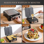 UVFAST Waffles Maker Waffle Iron, 4 Belgian Square Waffle Maker, Belgian Waffle Maker Thick with Non-stick Plate, Breakfast Waffle Machine Make Waffle in Minutes, 3 Browning Level, 1200W