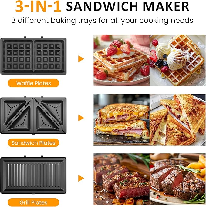 Sunvivi 3 in 1 Electric Sandwich Maker: Panini Press Grill and Waffle Iron Set, Grill and Sandwich Press with Removable Nonstick Plates, Indicator Lights & Cool Touch Handle, 800W, Black