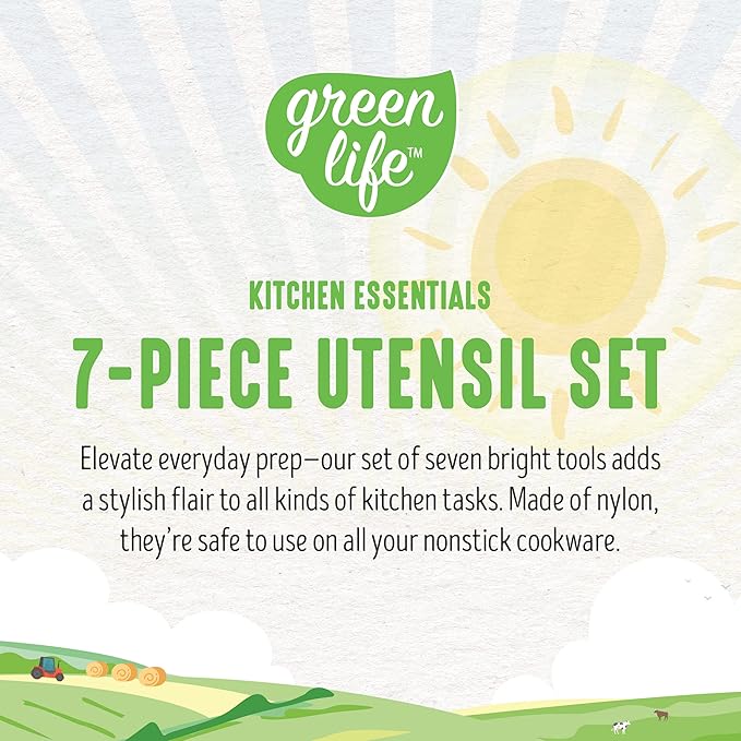 GreenLife Cooking Tools and Utensils, 7 Piece Nylon Set including Spatulas Turner Spoons and Tongs, Dishwasher Safe, Bright Pink