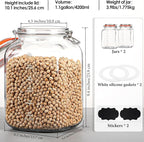 [UPGRADE] 2 Pack Square Super Wide Mouth Airtight Glass Storage Jars with Lids, 1.1 Gallon Glass Container with 2 Measurement Marks, Canning Jars with Leak-proof Lid for Kitchen (Spare Gasket)