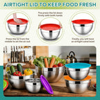E-far Mixing Bowls With Lids Sets of 5, 10-Piece Stainless Steel Salad Metal Nesting Bowl for Baking Cooking and Prepping, Airtight Lid & Stackable Design, Size 4.6, 3, 2.1, 1.5, 0.7 QT, Colorful