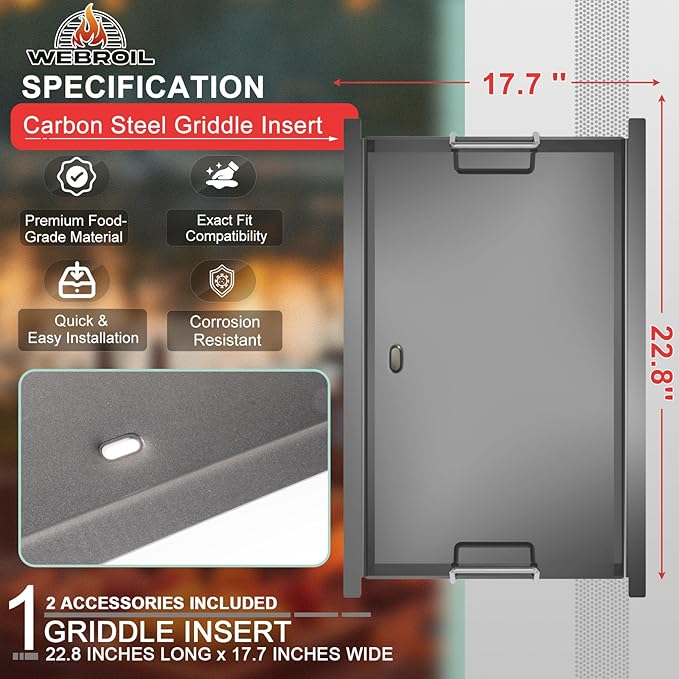 Flat Top Griddle Insert for Napoleon Rogue 425 Series, Carbon Steel Griddle Plate Replacement for Napoleon R425, R425-1, R425-2, 425SB, COS425SBPK, R425NSS, R425SIB, Replace Part S83013, 22.8''X17.7''