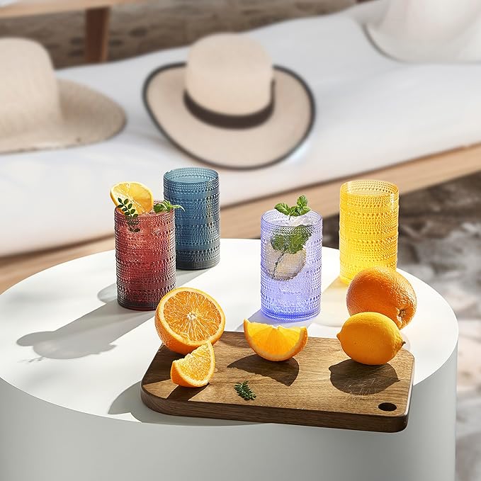 Khen Plastic Hobnail Drinking Highball Glasses Set of 6 Bright Tones Cups 14oz, Shatterproof & Unbreakable Acrylic Beaded Design, BPA-Free, Dishwasher Safe Indoor/Outdoor Drinkware Water, Cocktails