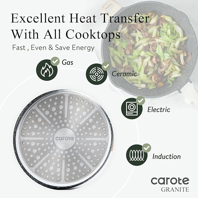 CAROTE 10/12/12.5 Inch Nonstick Deep Frying Pan with Lid, Jumbo Cooker Saute Pan with Pour Spout, Skillet Induction Cookware, Non Stick Cooking Pan PFOA Free, Classic Granite