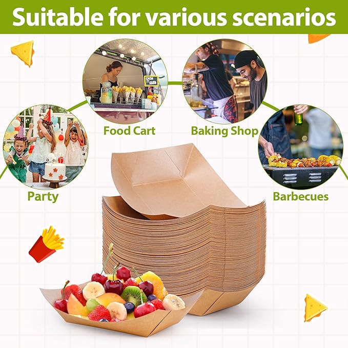 250 Pack Medium Paper Food Boats, 1lb Disposable Brown Kraft Paper Food Trays, Heavy Duty Serving Basket, Disposable Serving Boats for Party Snacks, Nachos, French Fries, Tacos, Popcorn