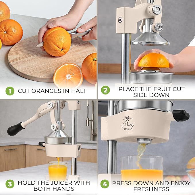 Zulay Kitchen Cast-Iron Orange Juice Squeezer - Heavy-Duty, Easy-to-Clean, Professional Citrus Juicer - Durable Stainless Steel Lemon Squeezer - Sturdy Manual Citrus Press & Orange Squeezer (Cream)