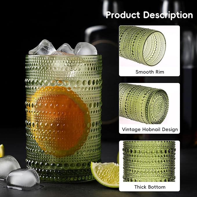 Moretoes Hobnail Drinking Glasses, 12 Piece Green Water Glass Cups, Mixed Vintage Glassware Set, 6pcs 12oz Highballs and 6pcs 10oz old Fashioned Glasses, Great for Cocktail, Whisky and other Beverages