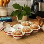Hiceeden 2 Pack Ceramic Muffin Pans, 6 Cup Non-Stick Muffin Tin Cupcake Pan, Floral Baking Pans with Red Rim for Puddings, Muffins, Cakes, Quiches, Brownies
